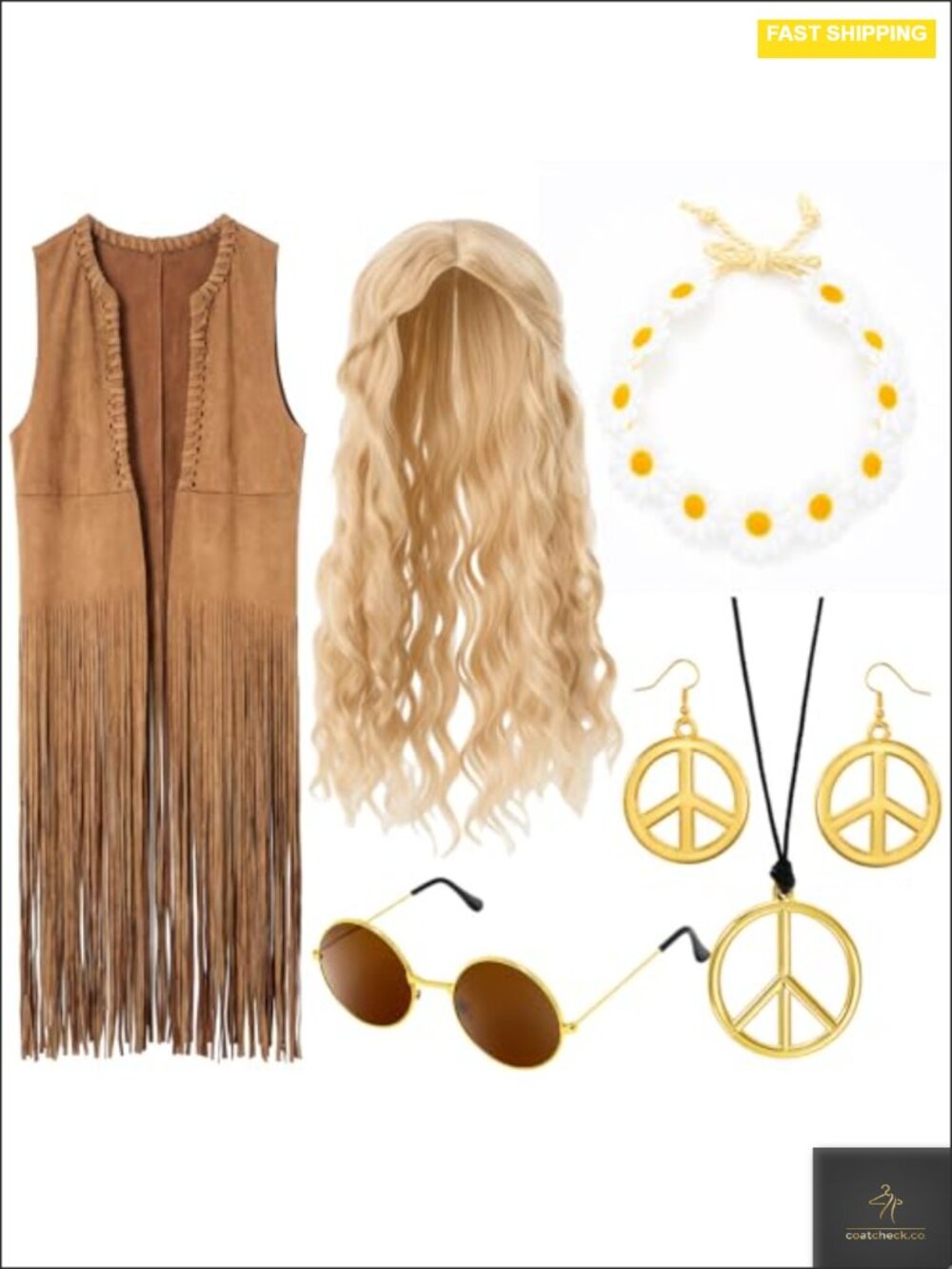 70s Hippie Costume for Women Faux Suede Fringe Vest 6 Pieces Halloween